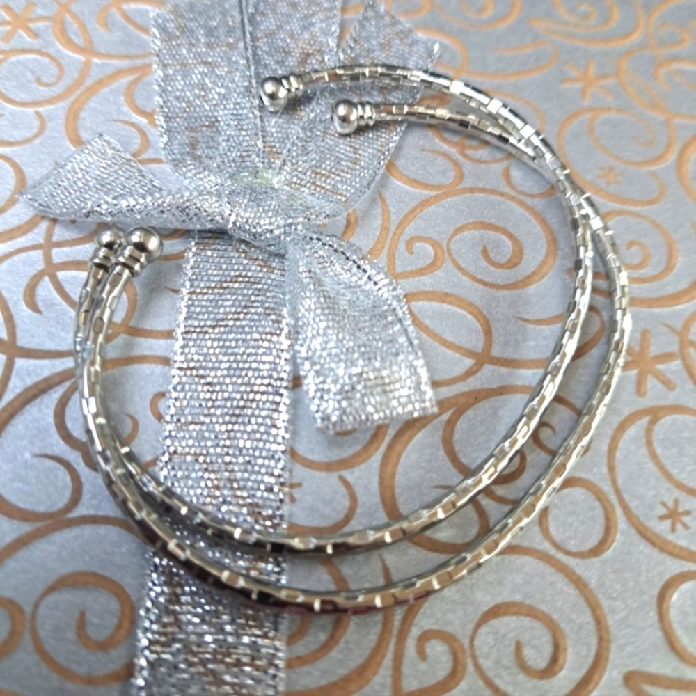 Silver Bangle Bracelets Ridges Adjustable Two Bead Design One Pair NWOT